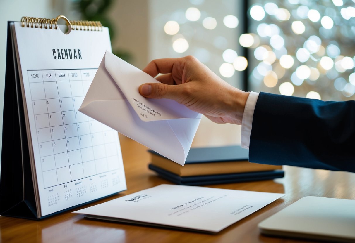A calendar with a hand placing an invitation in the mail