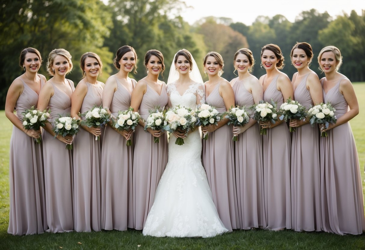 Thirteen bridesmaids stand in a row, each holding a bouquet. They wear matching dresses and smile as they pose for a group photo