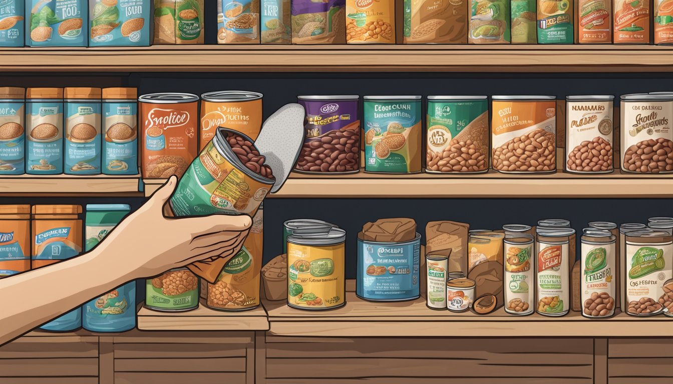 A hand reaching for a bag of pinto beans on a grocery store shelf, with a pantry shelf in the background stocked with various canned and dried beans