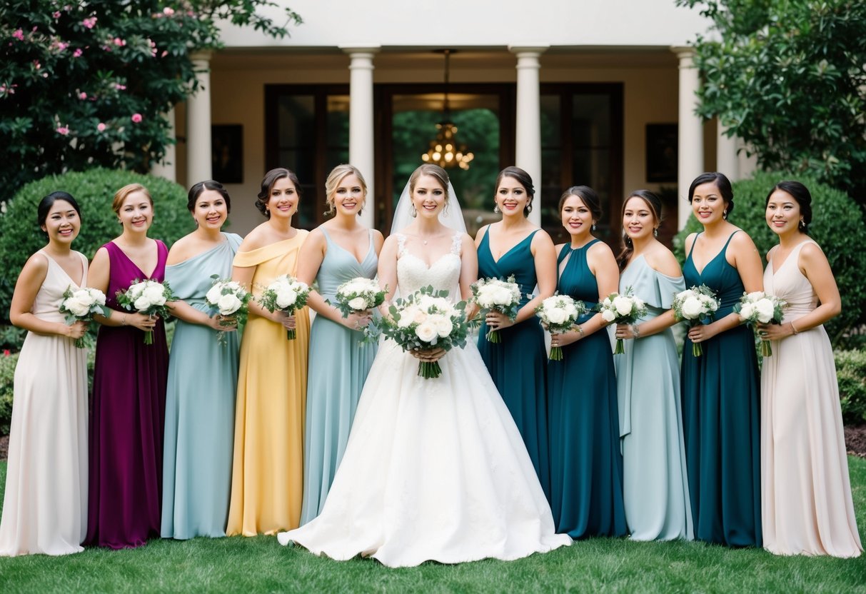 A bride surrounded by 13 bridesmaids in various dresses and poses, standing in a lush garden or elegant indoor setting