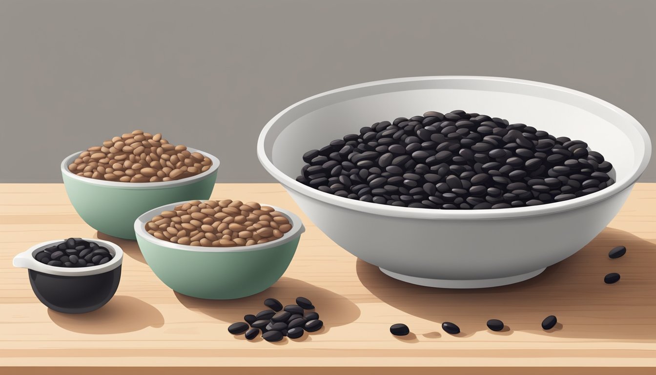 A bowl of cooked pinto beans next to a bowl of uncooked black beans, with a measuring cup pouring the pinto beans into a pot