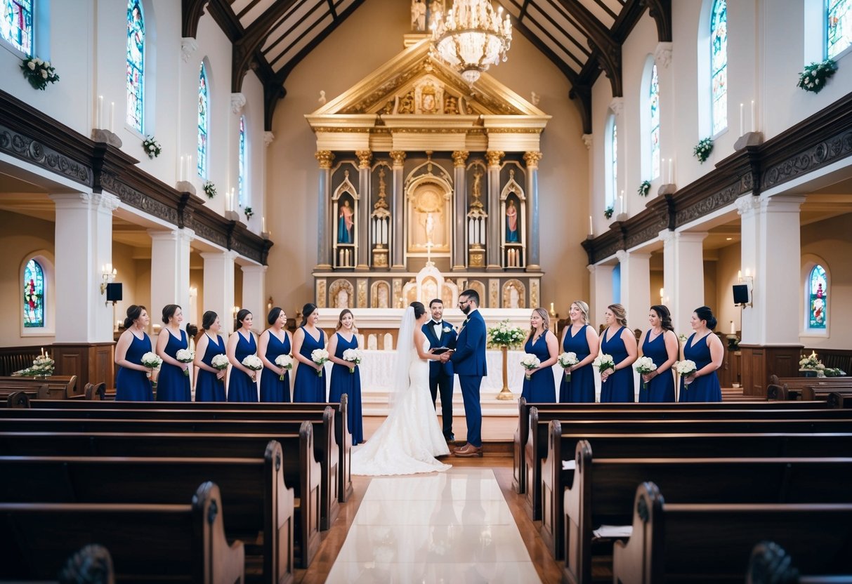 A grand, ornate church with rows of pews and a grand altar, adorned with flowers and candles. Thirteen bridesmaids stand in a line, dressed in matching gowns, as the bride and groom exchange vows
