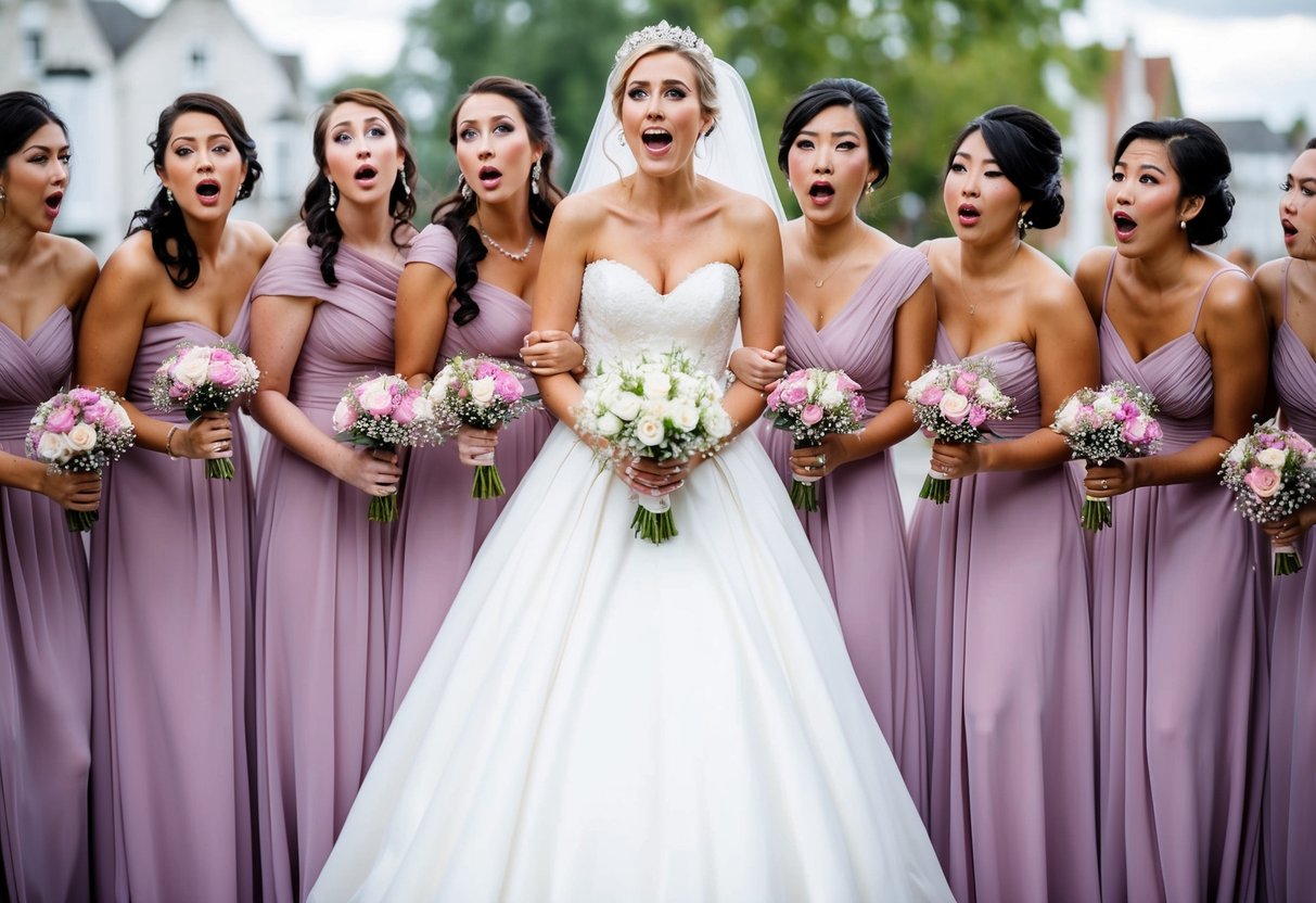 A bride surrounded by a large group of bridesmaids, all wearing matching dresses, standing in a line with varying expressions of excitement and concern