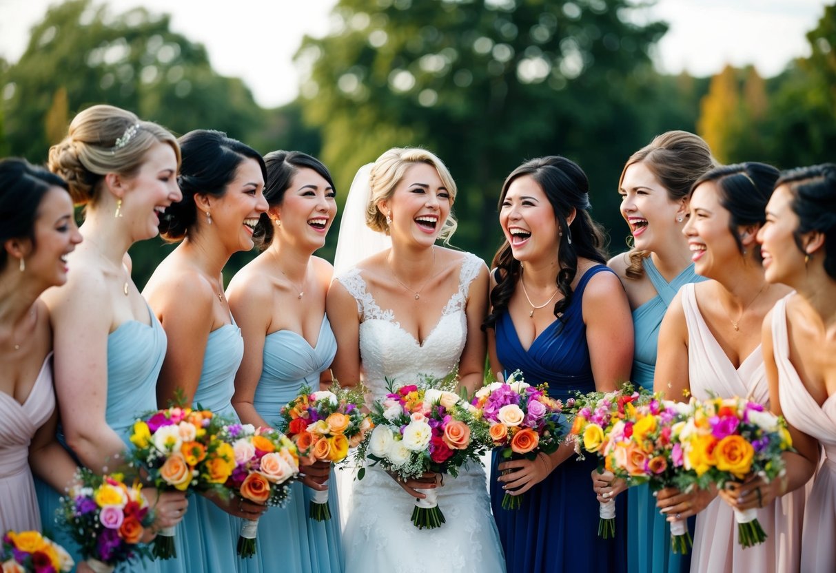 A group of 13 bridesmaids laughing and chatting, holding colorful bouquets, while standing in a circle
