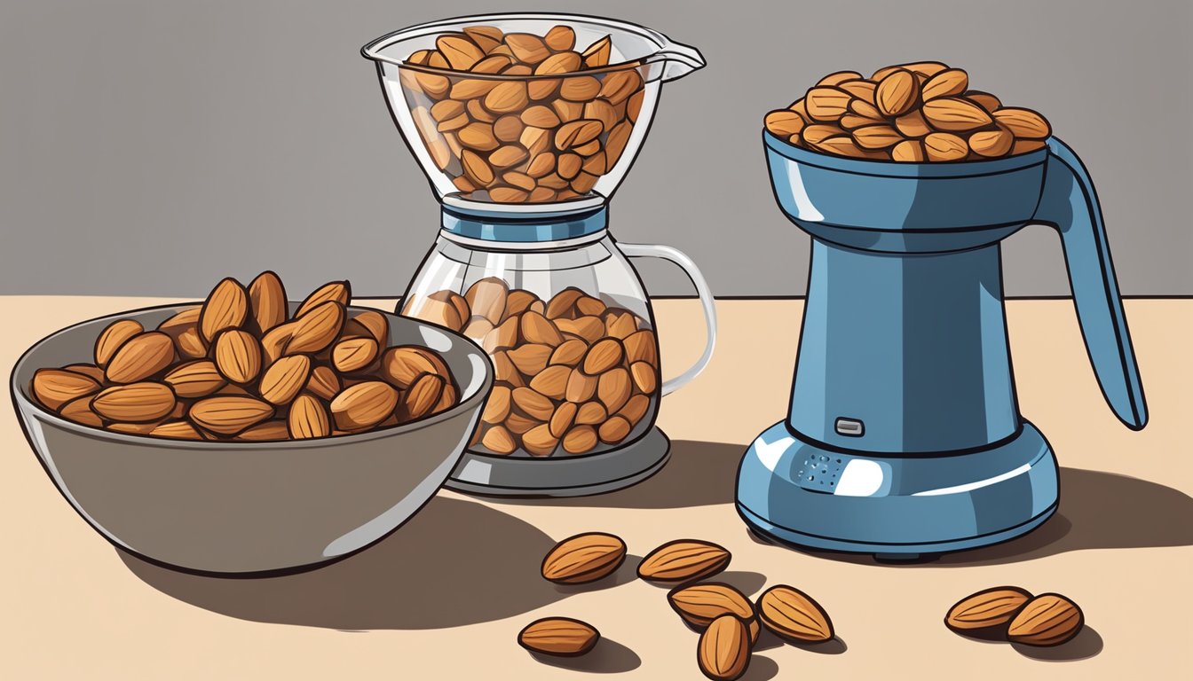 A bowl of pili nuts next to a bowl of almonds, with a measuring cup pouring pili nuts into a food processor