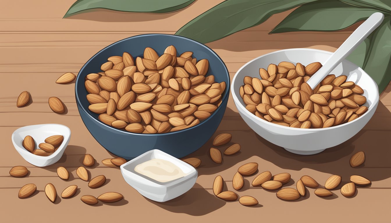 A bowl of pili nuts and almonds side by side, with a measuring cup pouring pili nuts into a recipe in place of almonds