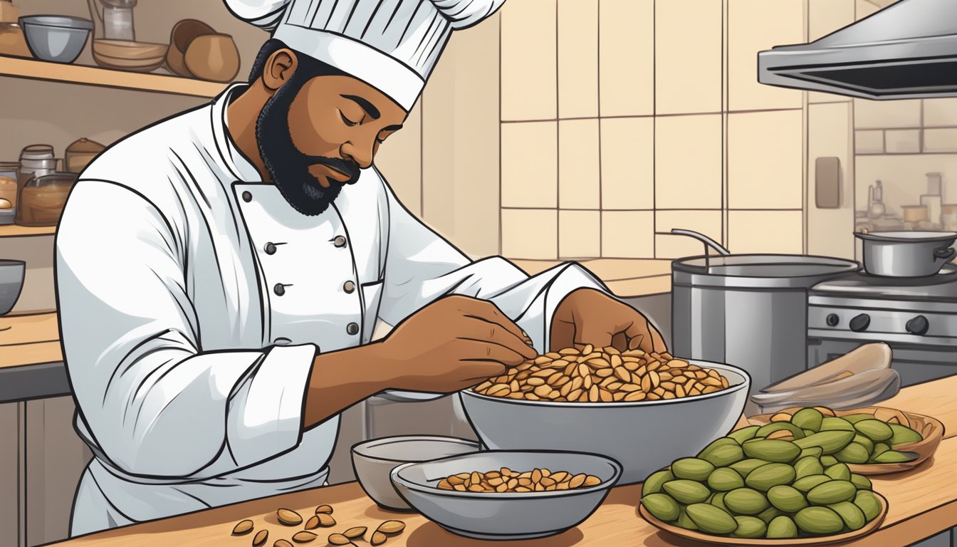 A chef swapping a handful of pili nuts for a bowl of almonds in a recipe