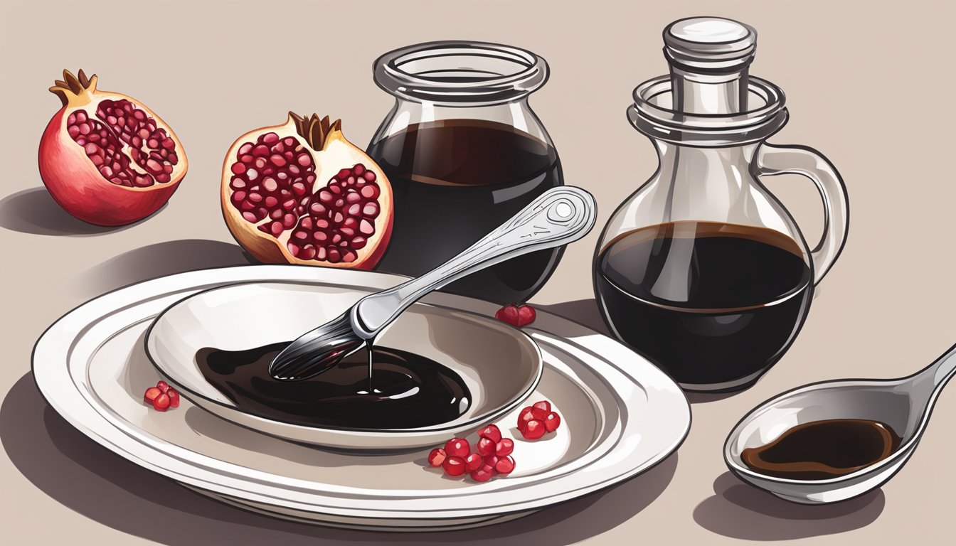 A bottle of pomegranate molasses next to a dish of balsamic glaze, with a measuring spoon pouring the molasses onto the dish