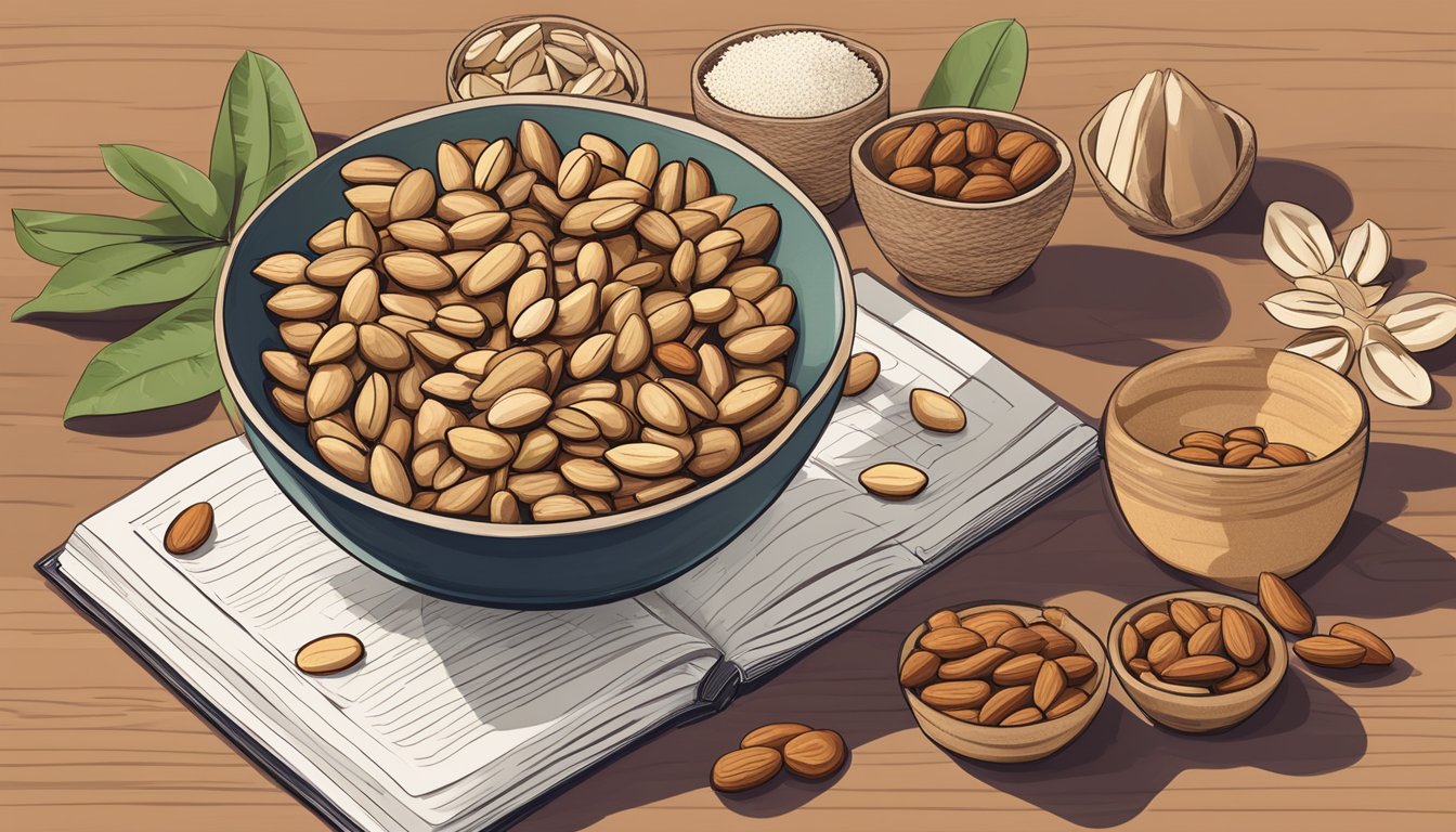 A bowl of pili nuts next to a bowl of almonds, with a recipe book open to a specific recipe, and ingredients scattered around