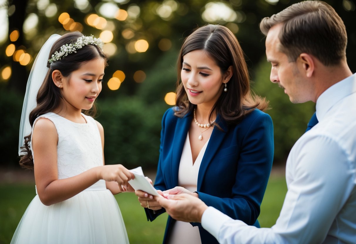 A parent and a wedding planner discussing the payment for the flower girl dress