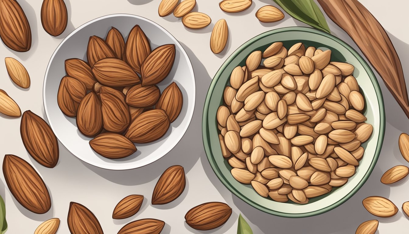 A kitchen counter with a bowl of pili nuts next to a bowl of almonds, with various ingredients and utensils for baking or cooking spread out around them