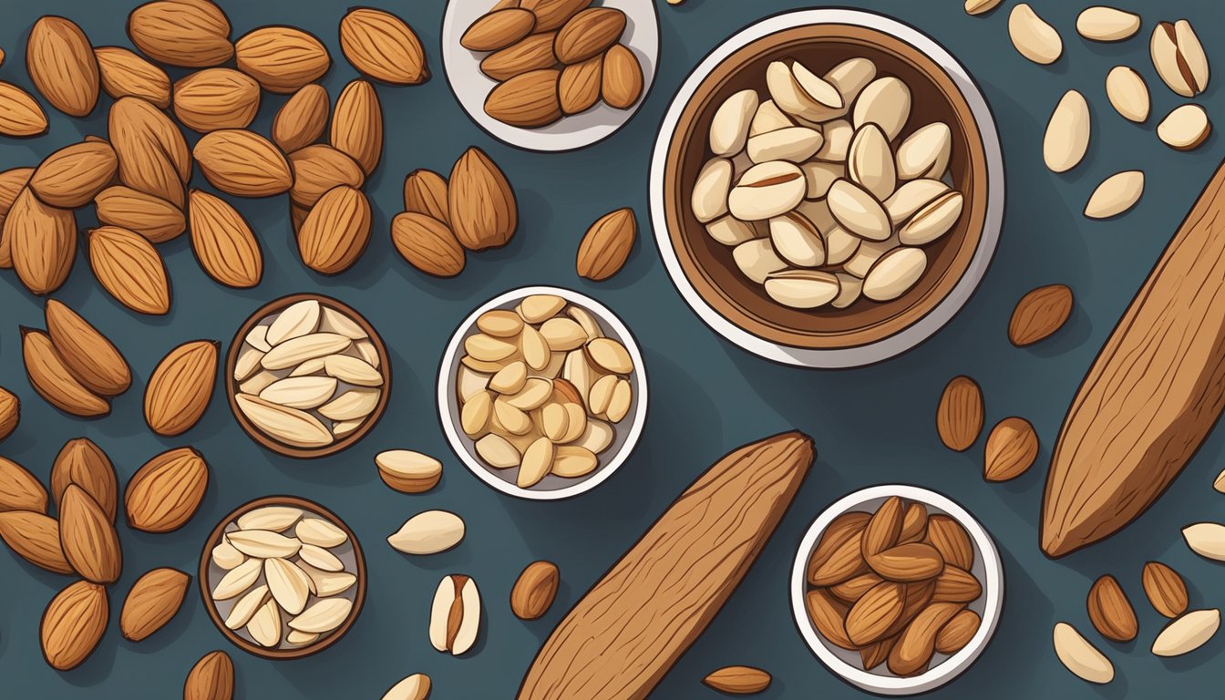 A kitchen counter with a bowl of pili nuts next to a bowl of almonds, surrounded by various ingredients and measuring utensils