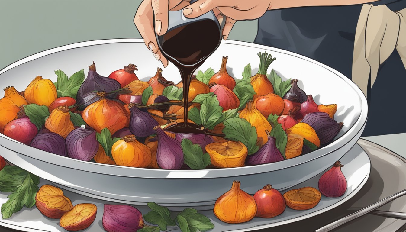 A chef pours pomegranate molasses over a dish of roasted vegetables, replacing balsamic glaze