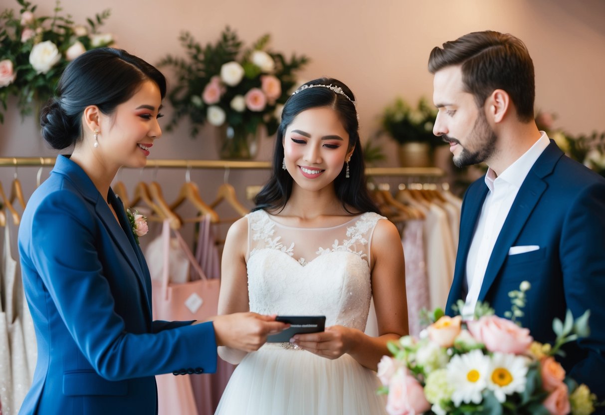 A woman and a man discussing the payment for a flower girl dress in a floral boutique