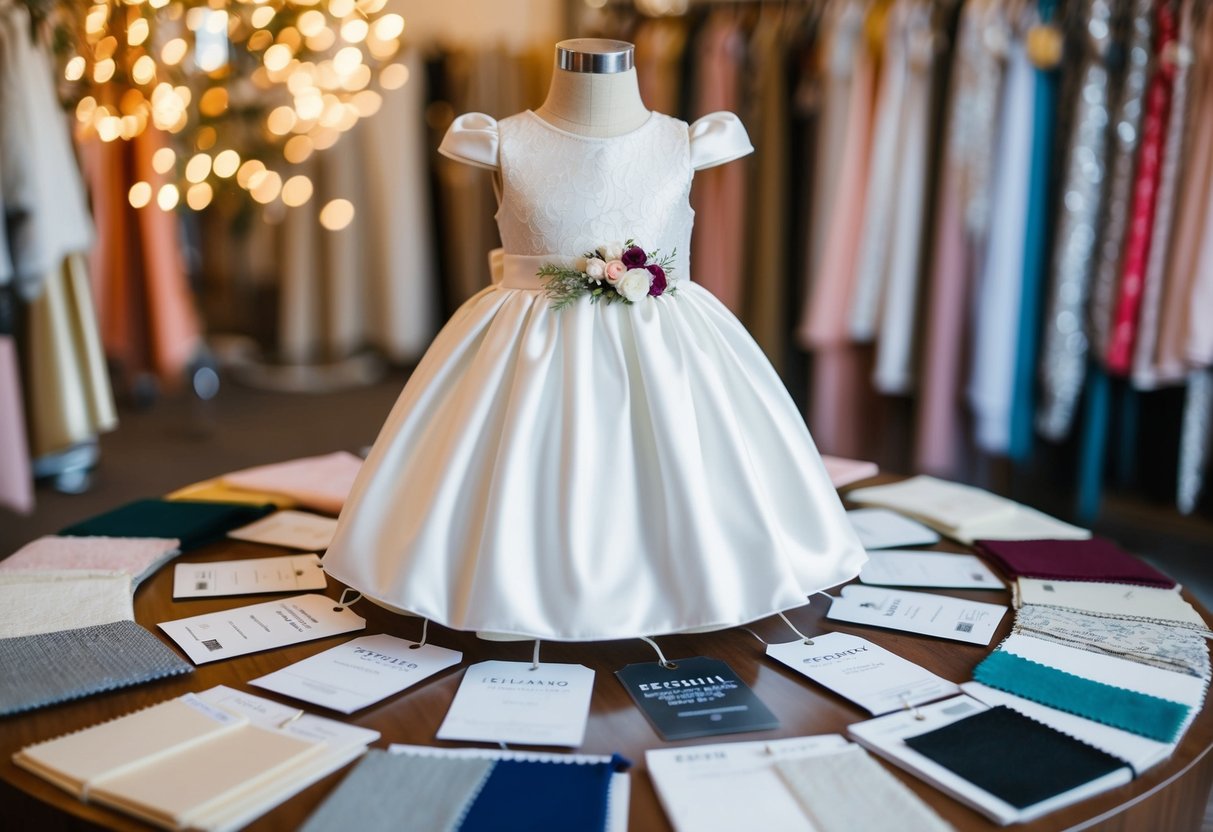A flower girl dress displayed with price tags, surrounded by various fabric swatches and design options