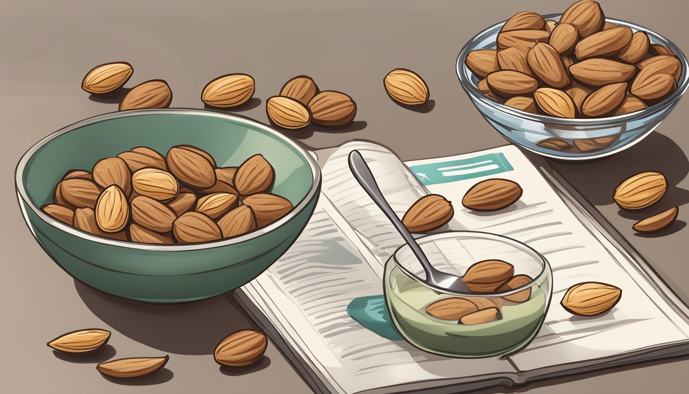 A bowl of pili nuts sits next to a bowl of almonds, with a measuring cup and spoon nearby. A recipe book open to a page titled "Nut Substitutes" is also visible