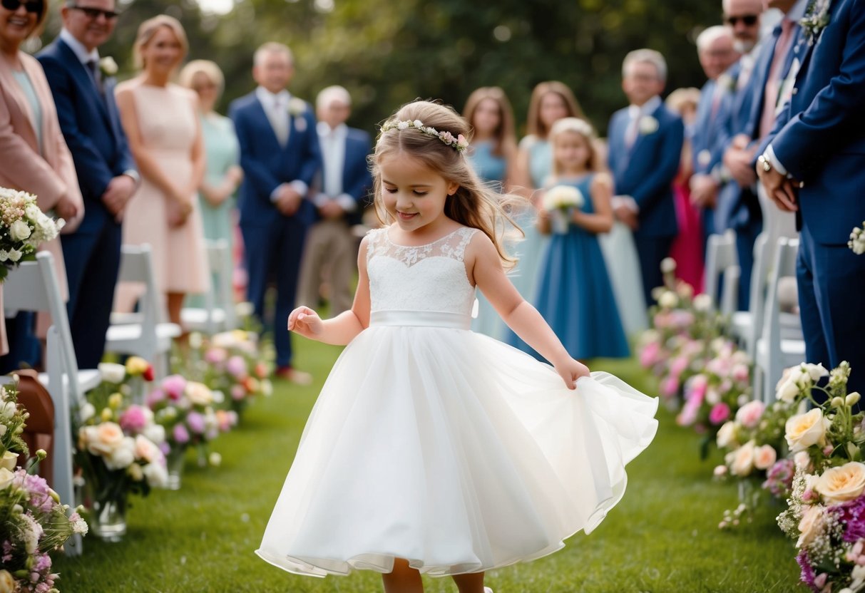 A flower girl twirls in a beautiful dress, surrounded by blooming flowers and smiling faces