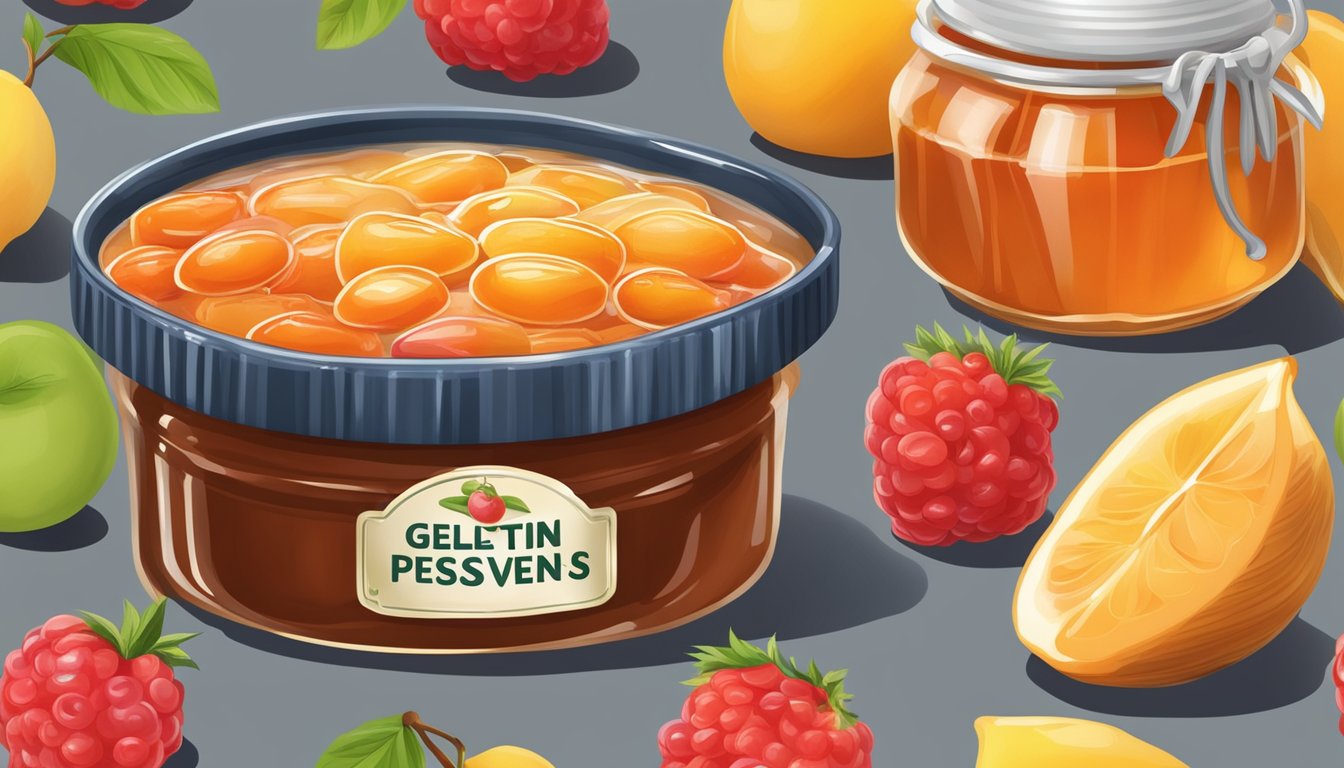 A bowl of fruit preserves with a spoonful of pectin next to a box of gelatin