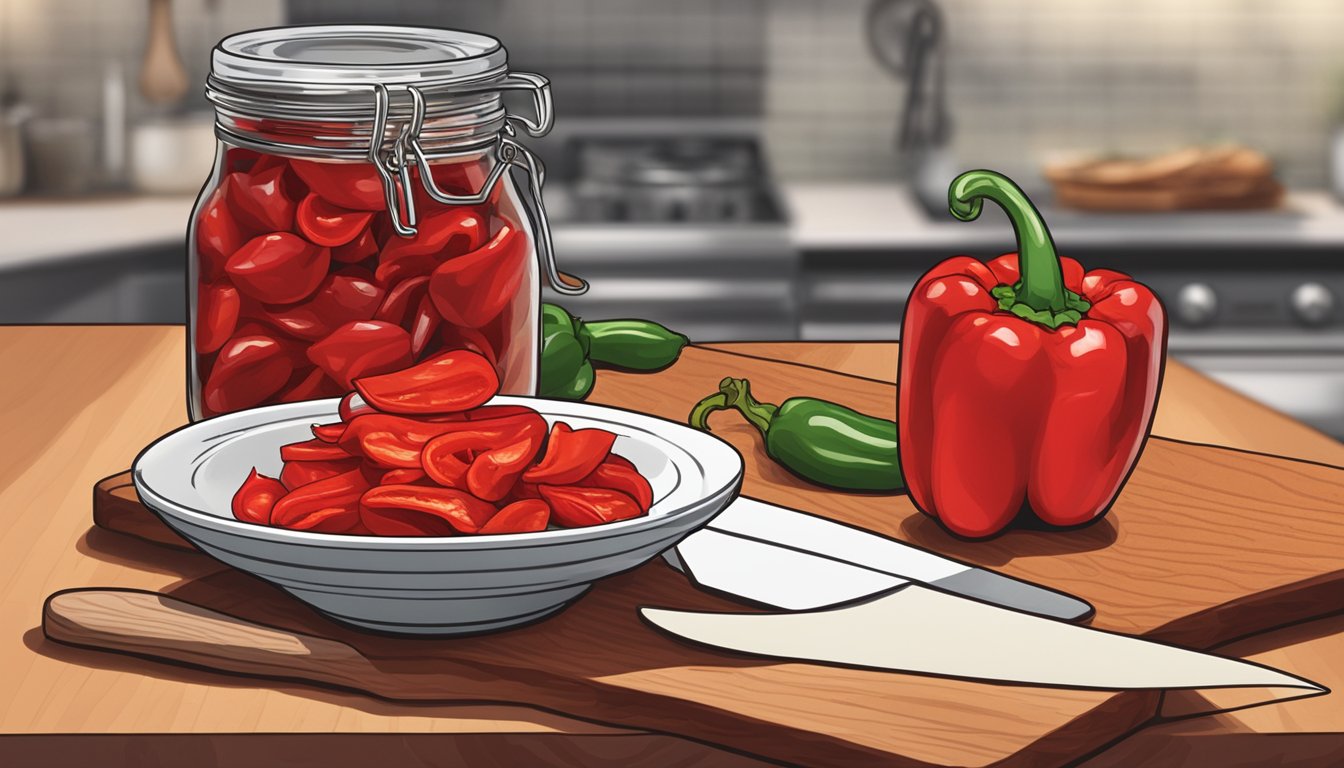 A jar of piquillo peppers next to a bowl of roasted red peppers, with a chef's knife and cutting board in the background