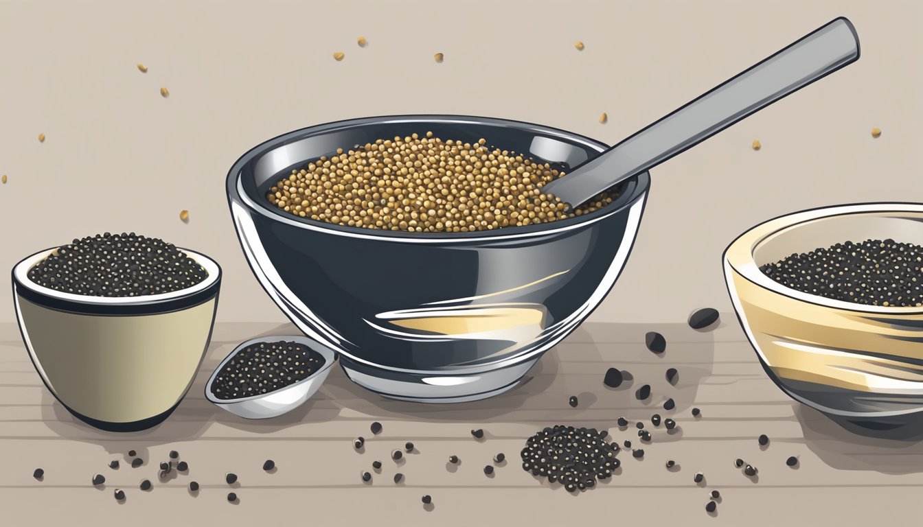 A small bowl of poppy seeds pouring into a measuring spoon, next to a bowl of sesame seeds