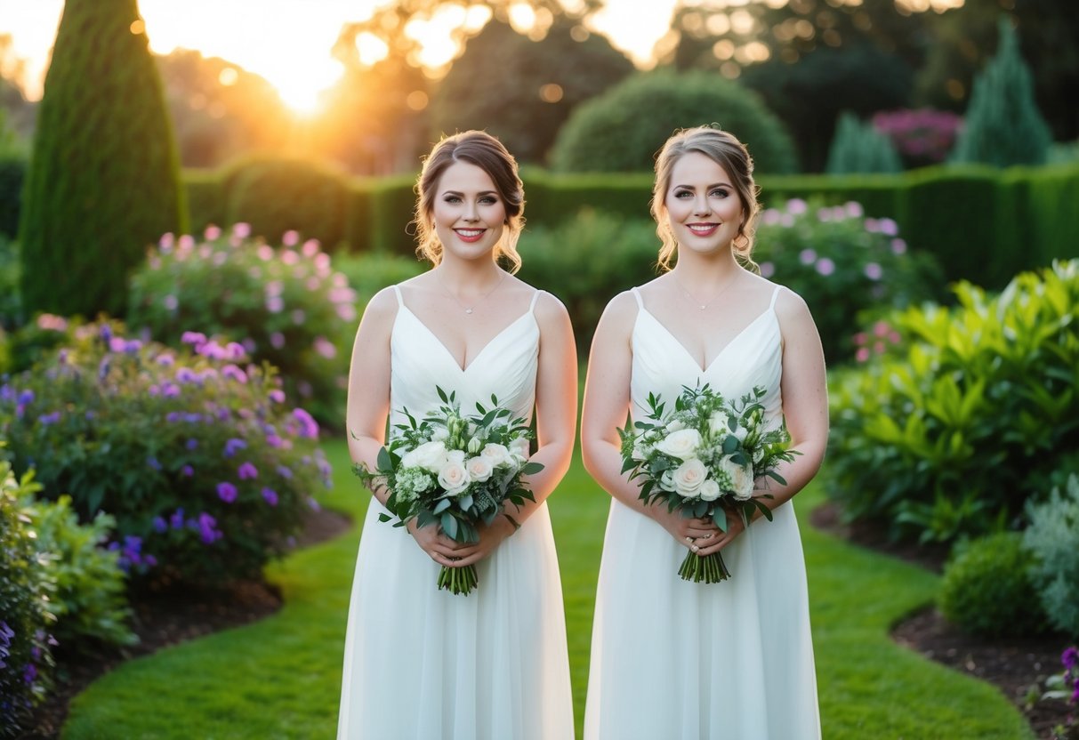 Two bridesmaids stand in a lush garden, holding bouquets. The sun sets behind them, casting a warm glow over the scene
