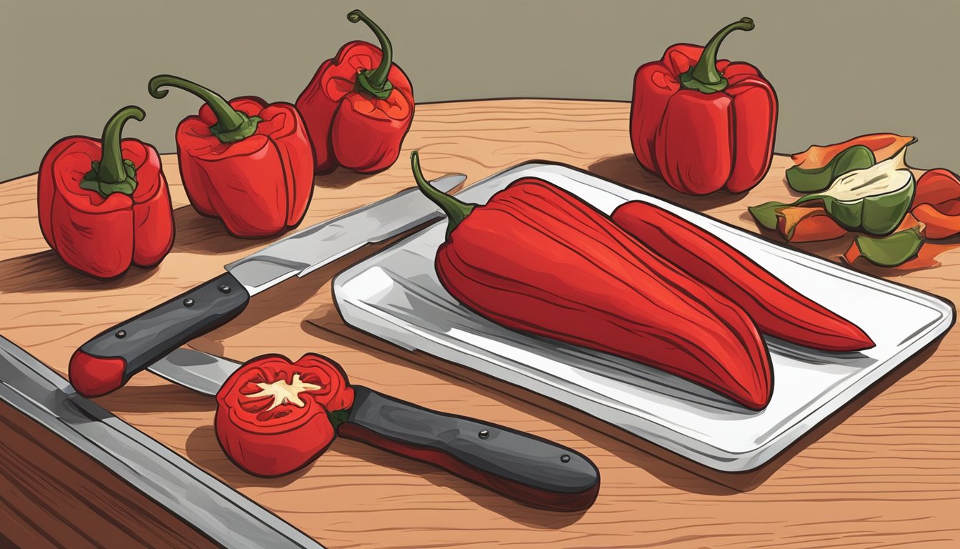 Piquillo peppers arranged on a cutting board, with a knife slicing them open to reveal the roasted insides. A bowl of roasted red peppers sits nearby