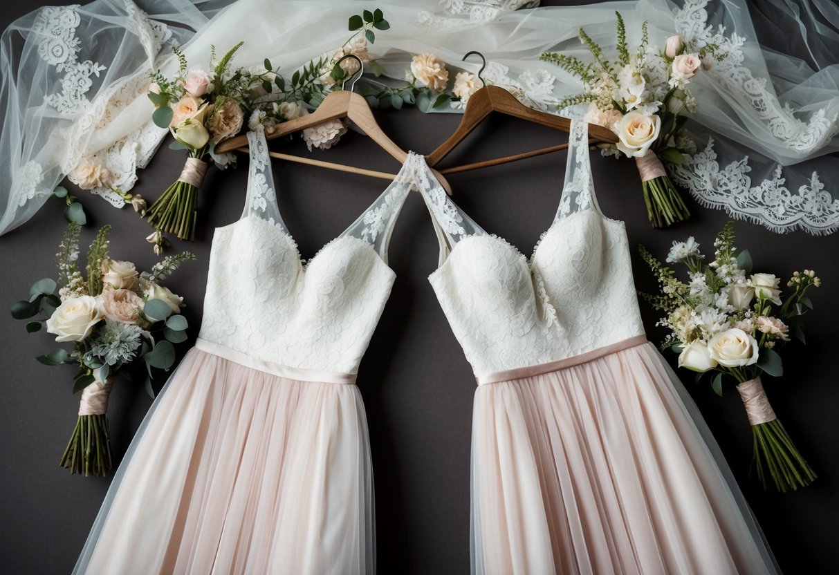 Two bridesmaid dresses hanging on a rustic wooden hanger, surrounded by delicate floral bouquets and elegant lace fabric