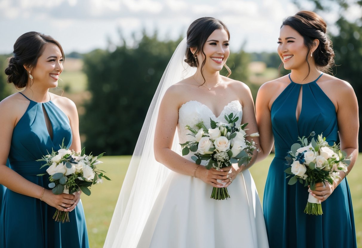 Two bridesmaids stand beside a bride, smiling and holding bouquets. A smaller bridal party allows for a more intimate and close-knit ceremony