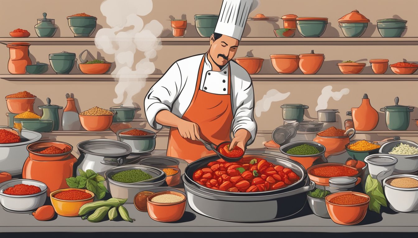 A chef swapping piquillo peppers for roasted red peppers in a steaming pot of tomato sauce, surrounded by bowls of various spices and ingredients