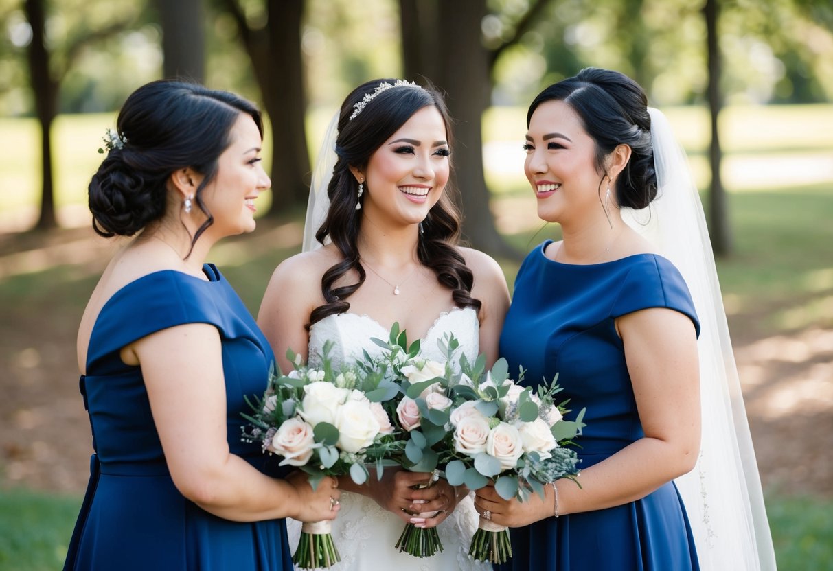 Two bridesmaids standing next to the bride, holding bouquets and smiling
