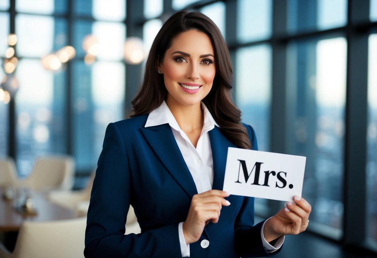 A woman wearing a professional outfit introduces herself using the title "Mrs." despite not being married