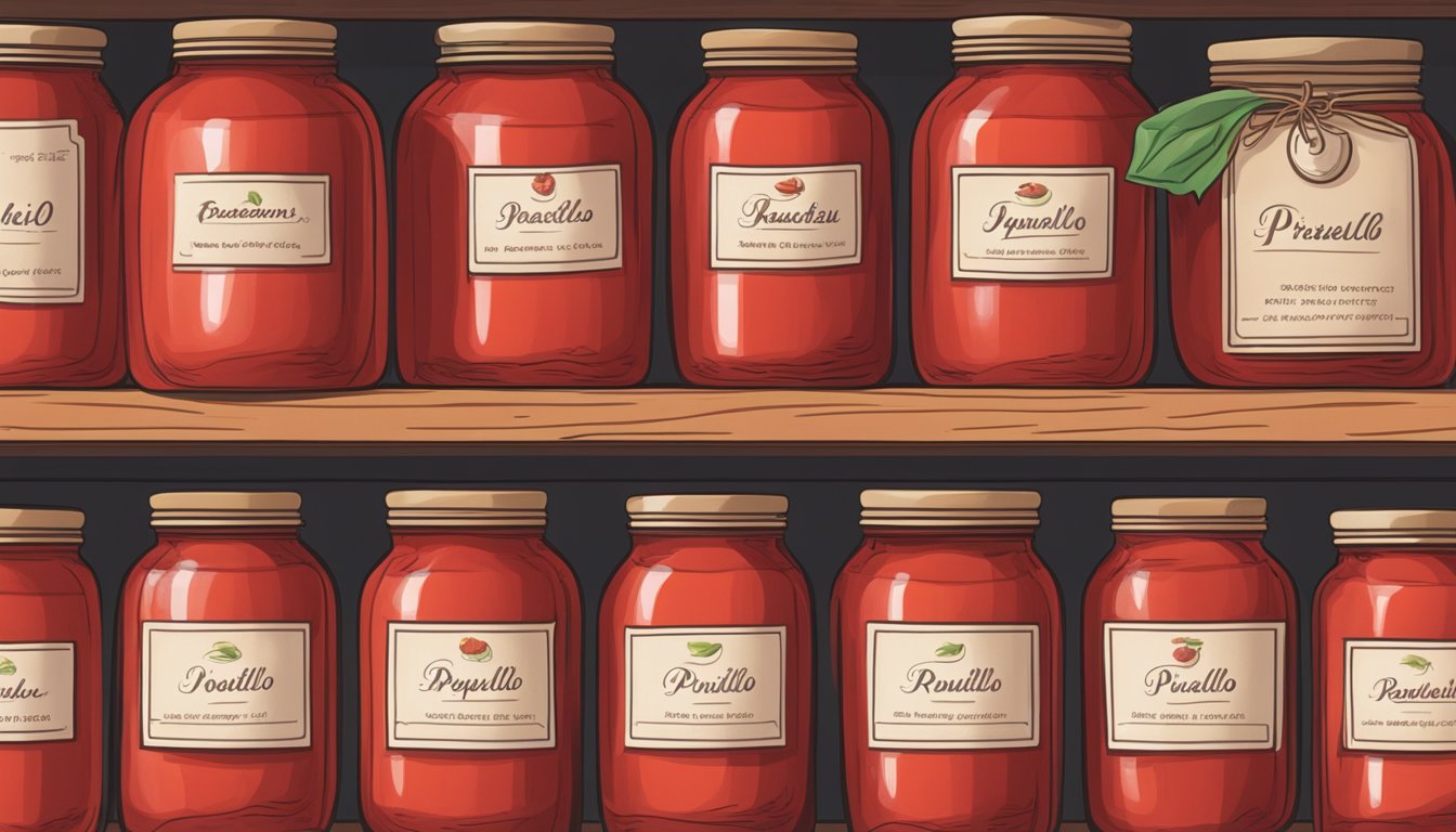 Piquillo peppers and roasted red peppers arranged in a row, with labels indicating their names. A jar of piquillo peppers is being stored next to a jar of roasted red peppers on a shelf