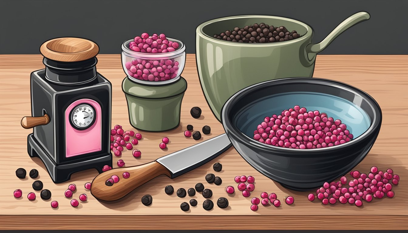 Pink peppercorns and black peppercorns in a small bowl, with a mortar and pestle nearby for grinding. A chef's knife and cutting board are also present