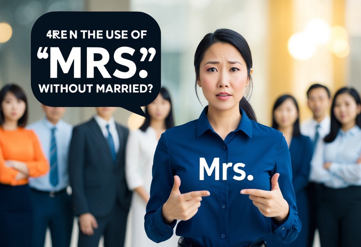 A person standing in front of a group, questioning the use of "Mrs." without being married. Different cultural symbols and languages are shown in the background