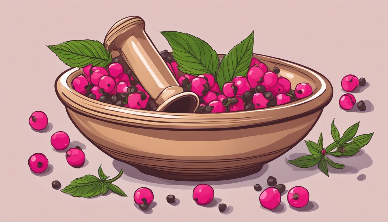 A mortar and pestle crushing pink peppercorns to replace black peppercorns in a recipe