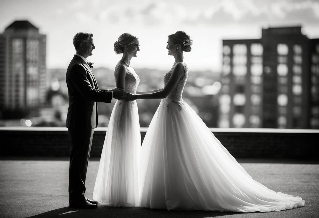 A figure stands beside a woman in a flowing gown, symbolizing the act of giving her away at a wedding