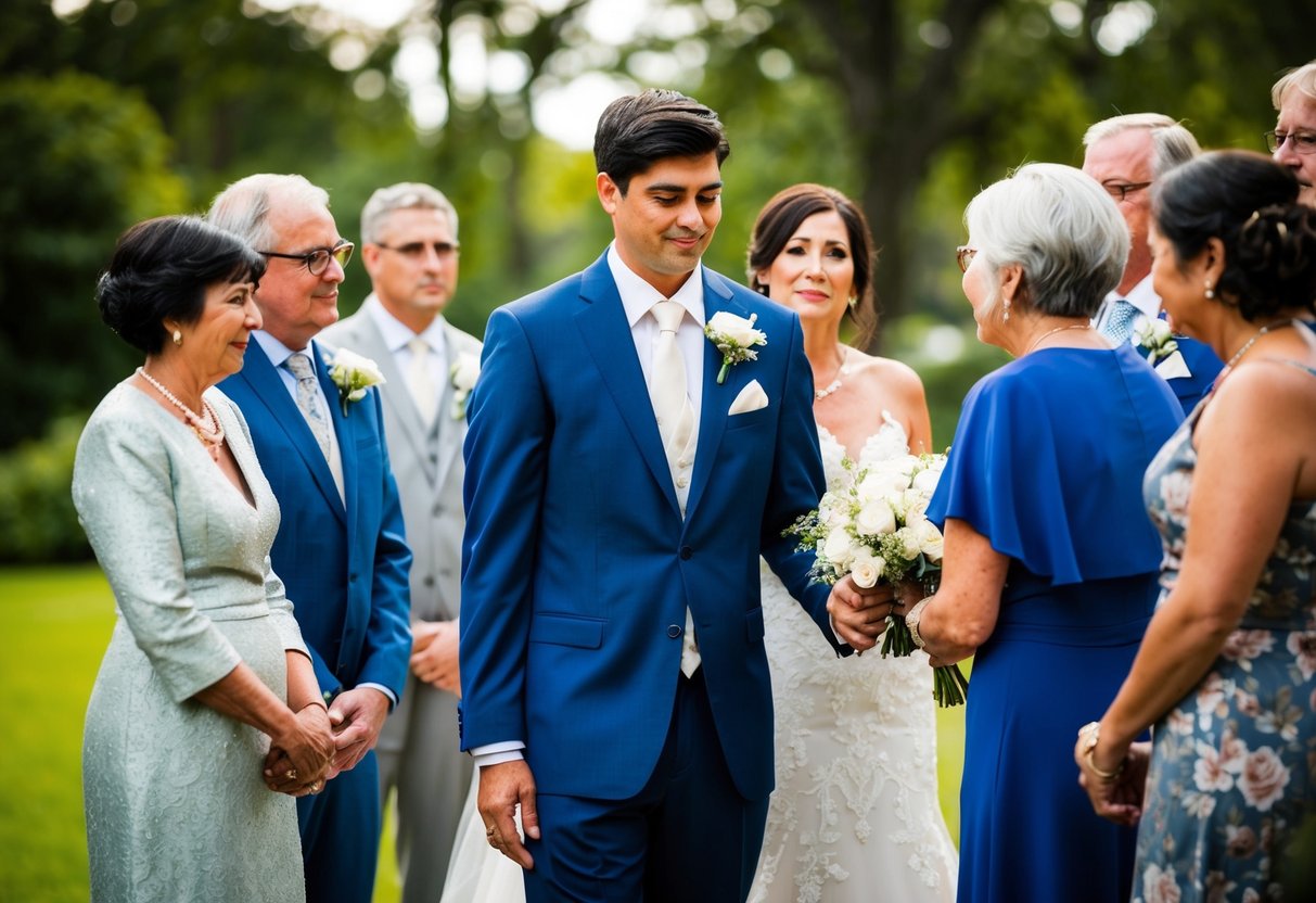 A son stands beside his mother, symbolically giving her away at her wedding. Family members gather around, witnessing the emotional moment