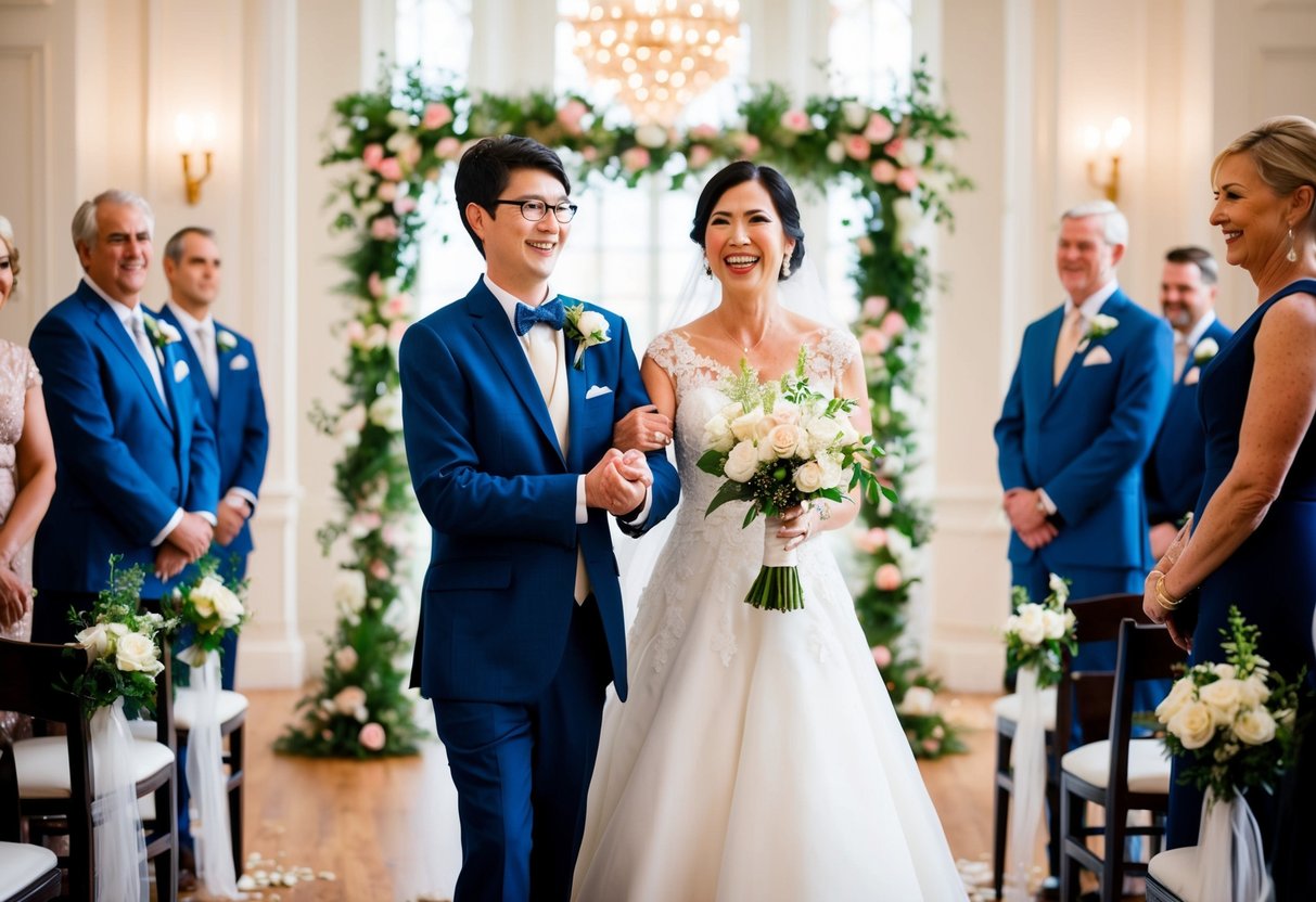 A son stands beside his mother, symbolically giving her away at her wedding ceremony. The setting is elegant and joyful, with flowers and decorations adorning the space