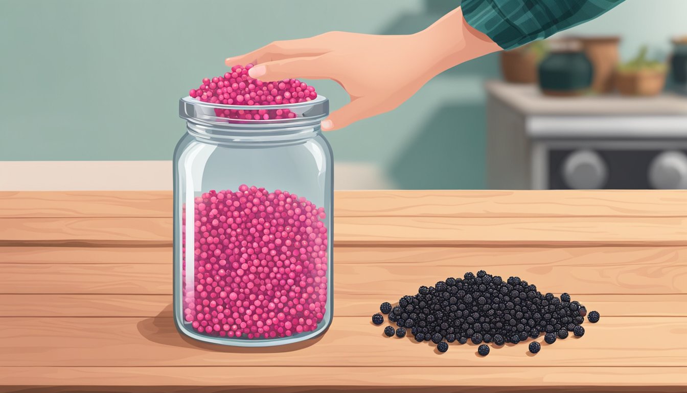 A hand reaching for a jar of pink peppercorns next to a jar of black peppercorns on a wooden countertop