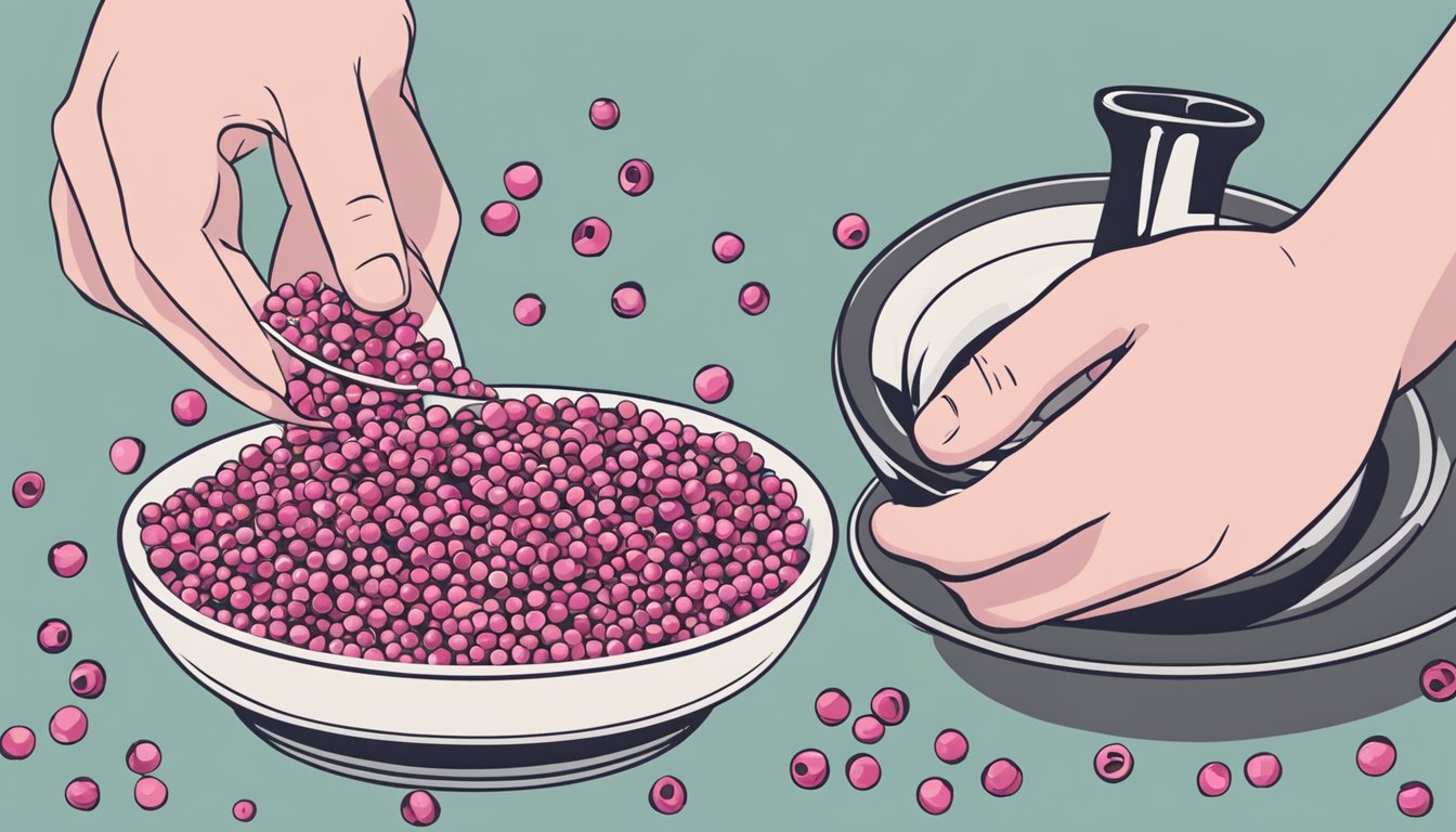 A hand sprinkles pink peppercorns onto a dish, replacing black peppercorns. A mortar and pestle sit nearby, ready for grinding