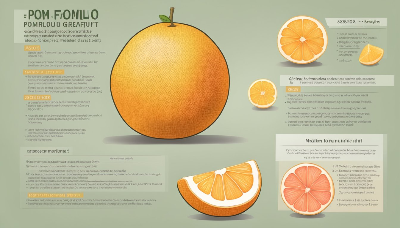 A pomelo and grapefruit sitting side by side, showcasing their size, color, and texture differences. A nutrition label and benefits list are displayed next to them