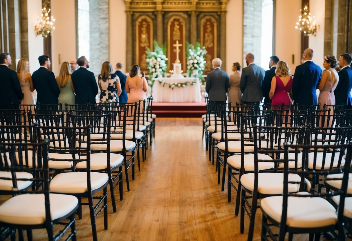 A grand hall filled with rows of empty chairs and a decorated altar, awaiting the arrival of guests for a wedding ceremony