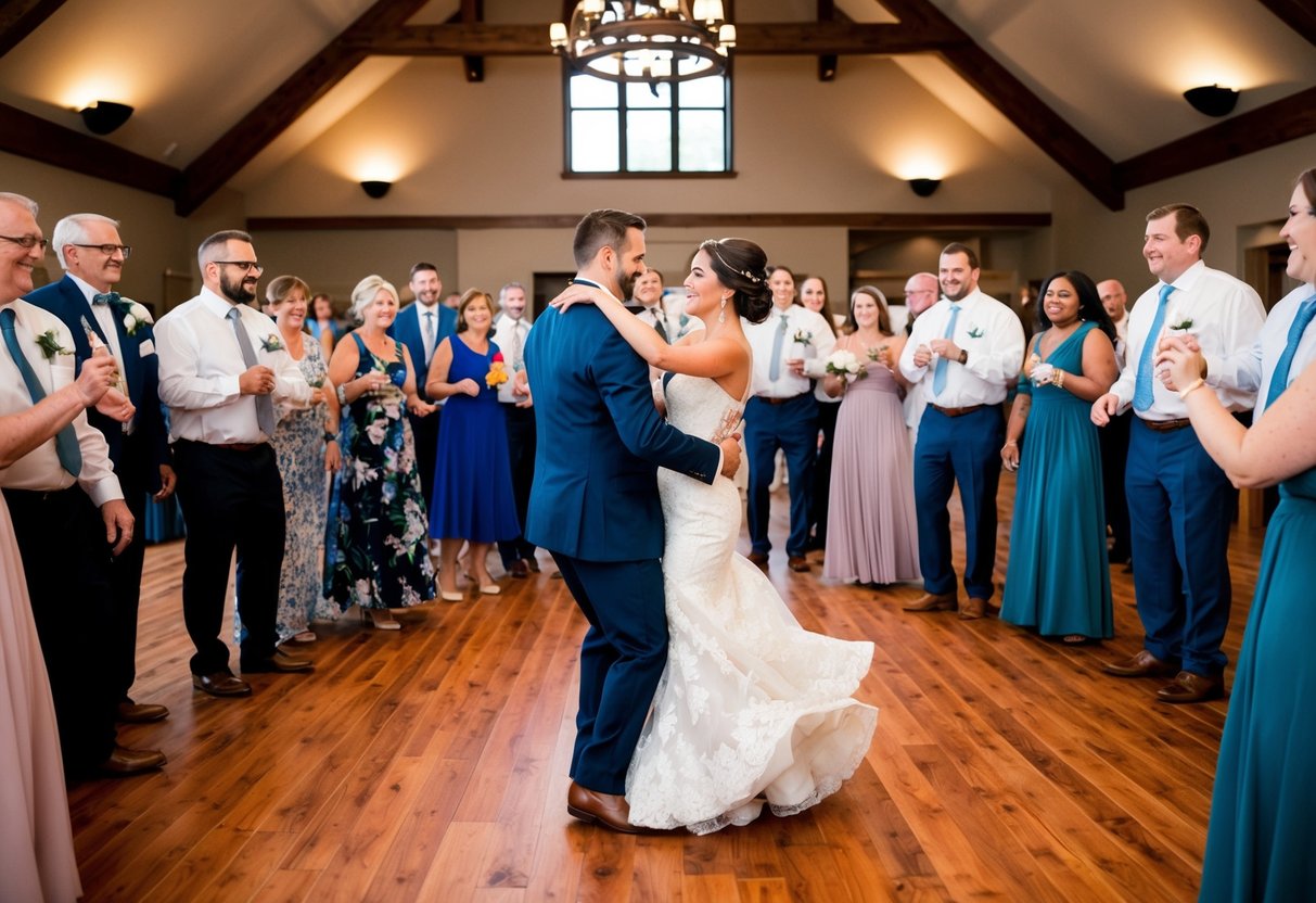 A bride and best man dance in the center of a circle of wedding guests, moving gracefully to the music as they honor tradition