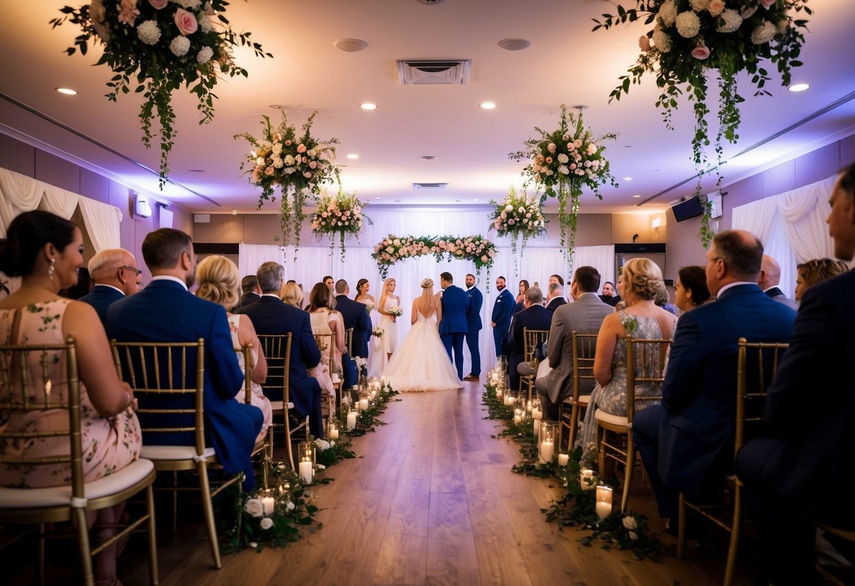 A wedding venue with seating for 100 guests, adorned with flowers and decorations, with a festive and celebratory atmosphere