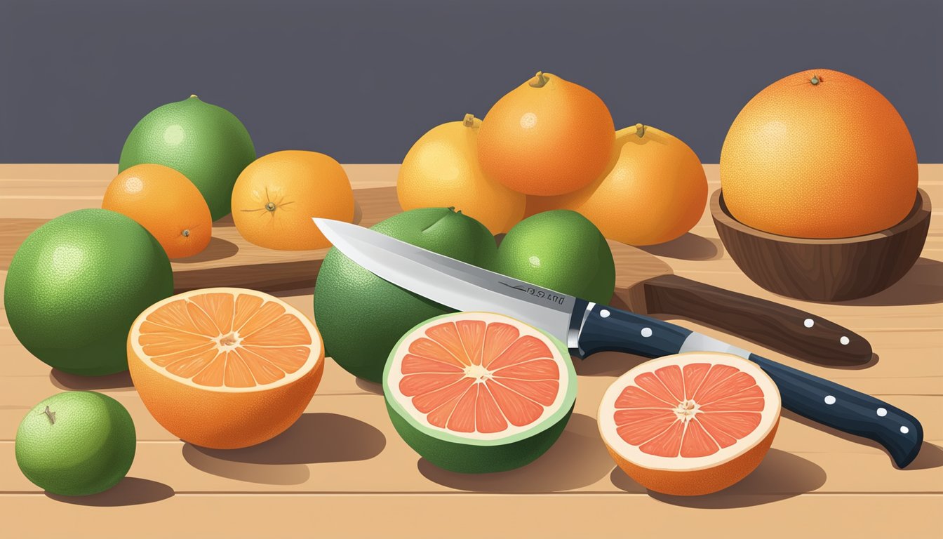 A pomelo and a grapefruit on a cutting board, surrounded by various citrus fruits and a knife