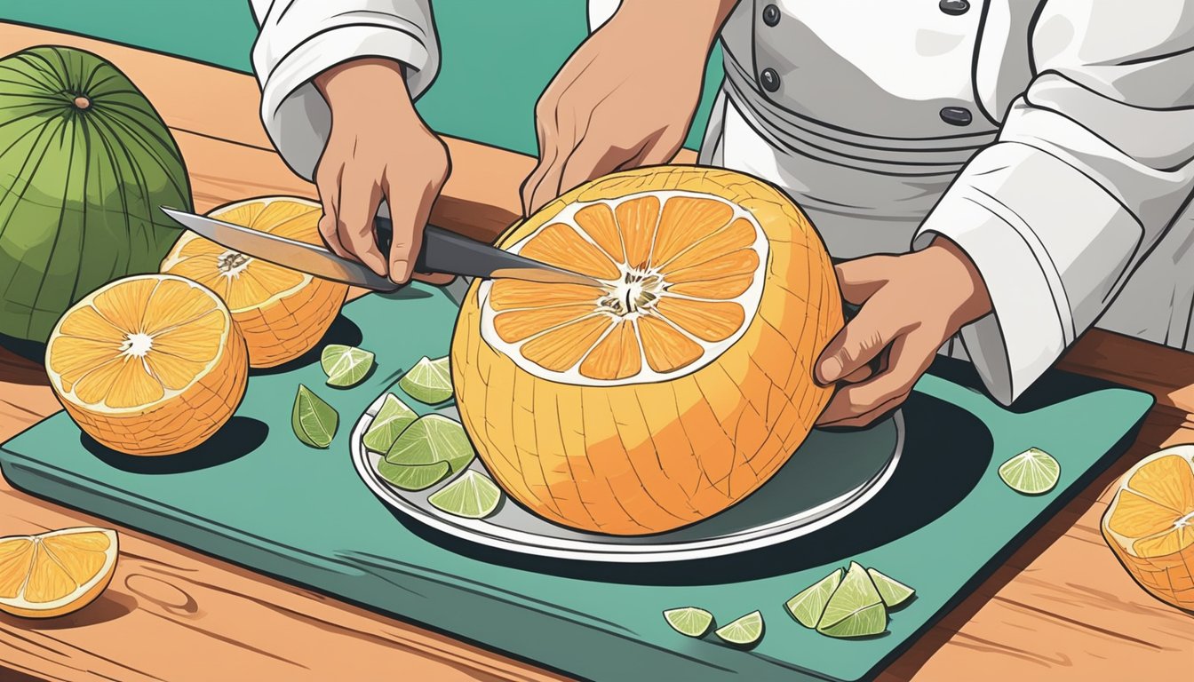 A chef slicing pomelo to use as a substitute for grapefruit in a recipe