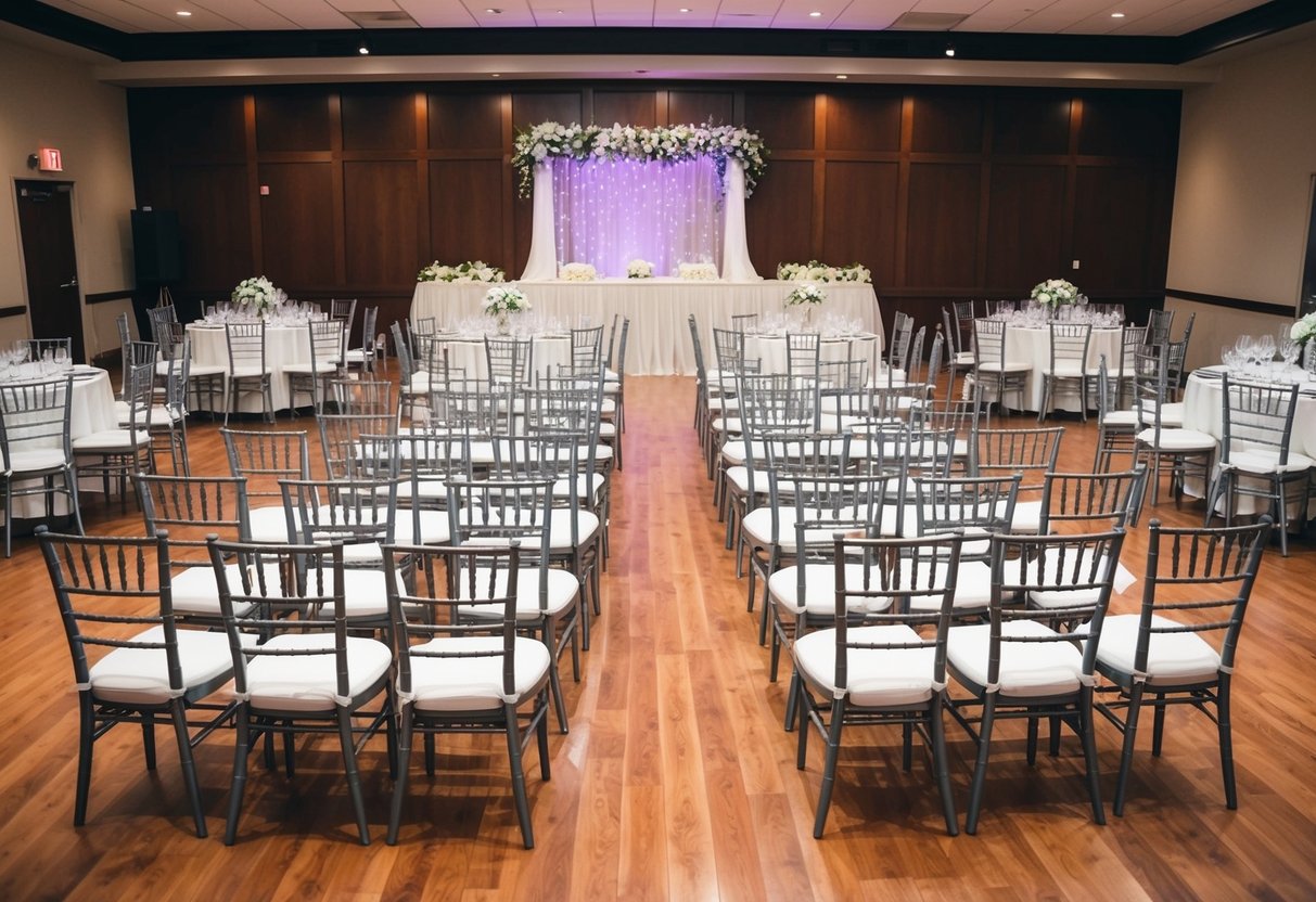 A banquet hall with 100 empty chairs arranged in rows for a wedding reception, with a decorated stage at the front