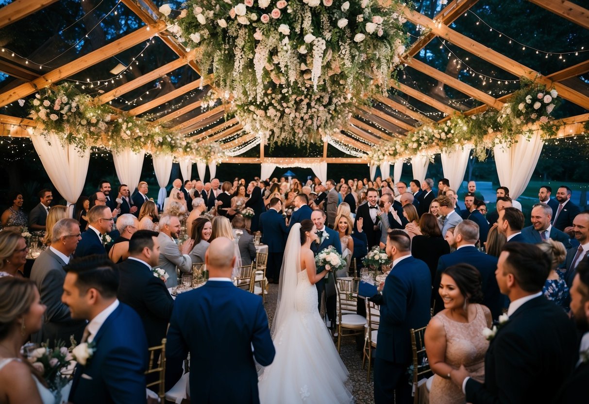 A bustling wedding venue with 100 guests celebrating under a canopy of flowers and twinkling lights