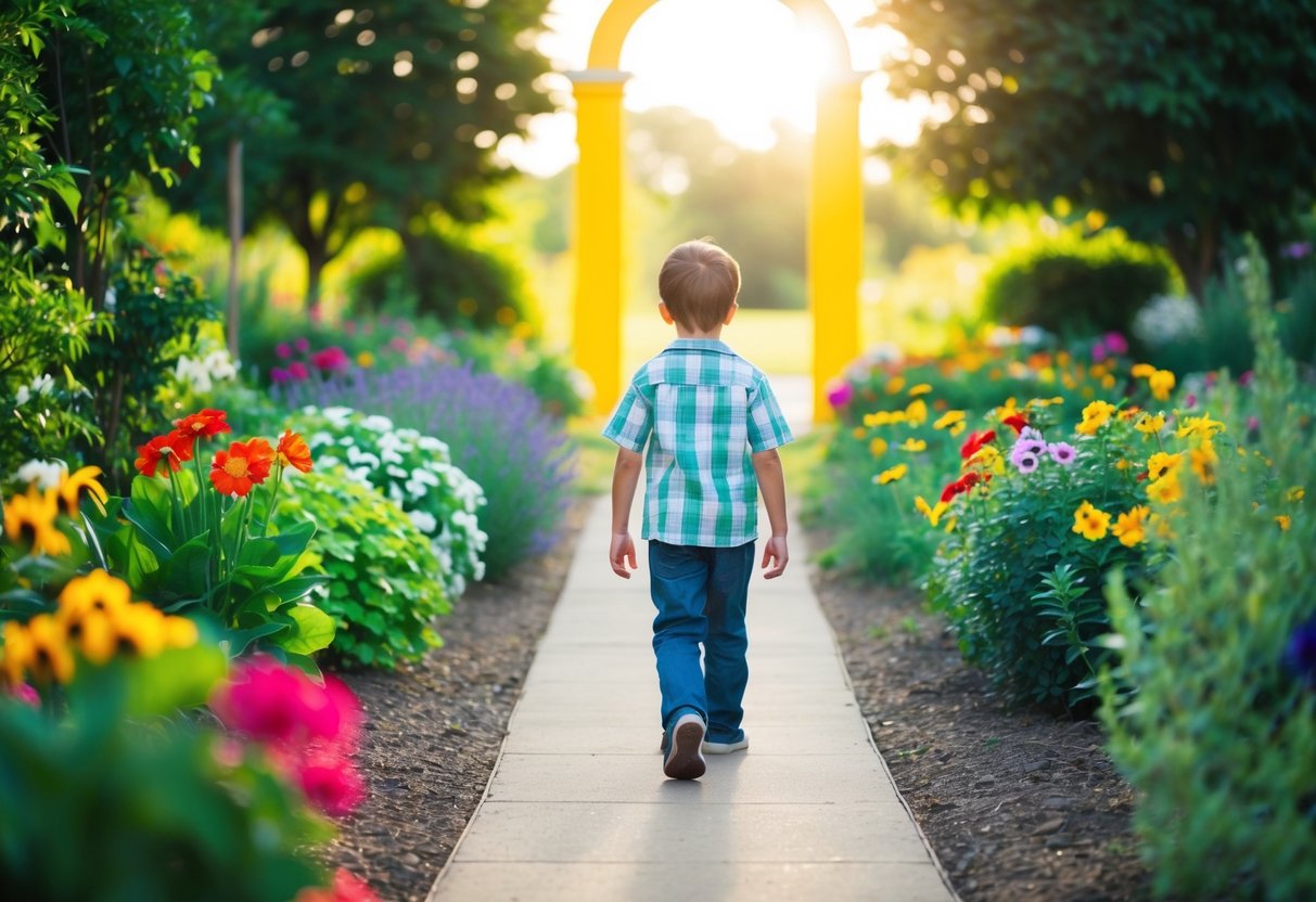 A young boy leads a path through a garden of colorful flowers and lush greenery towards a bright, sunlit archway