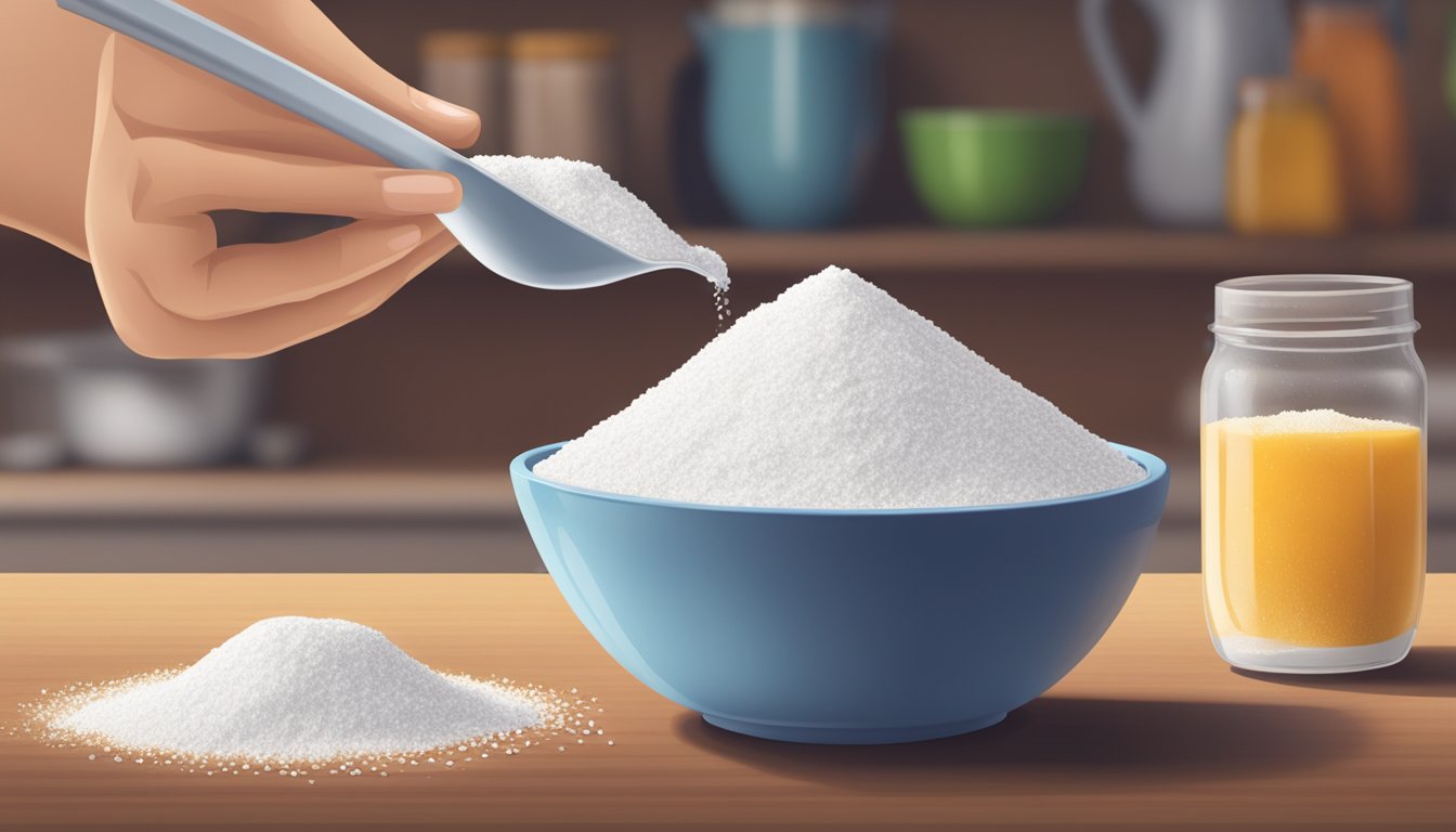 A bowl of powdered sugar being poured into a measuring cup, with granulated sugar and alternative sweeteners nearby